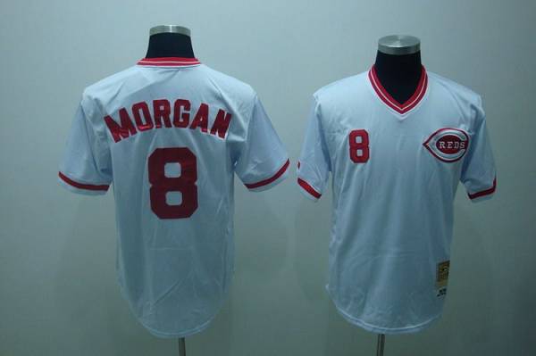 Mitchell and Ness Reds #8 Joe Morgan Stitched White Throwback MLB Jersey - Click Image to Close